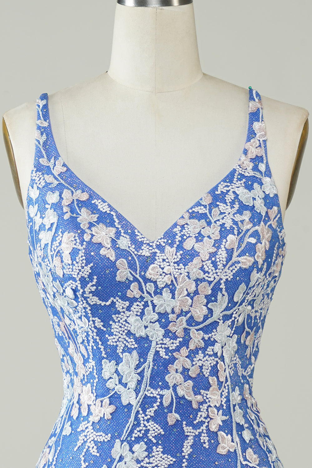 Mantel V-ringad Blå Kort Homecoming Klänning med applikationer Criss Cross Back