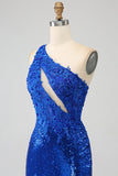One Shoulder Royal Blue Mermaid Balklänning med slits