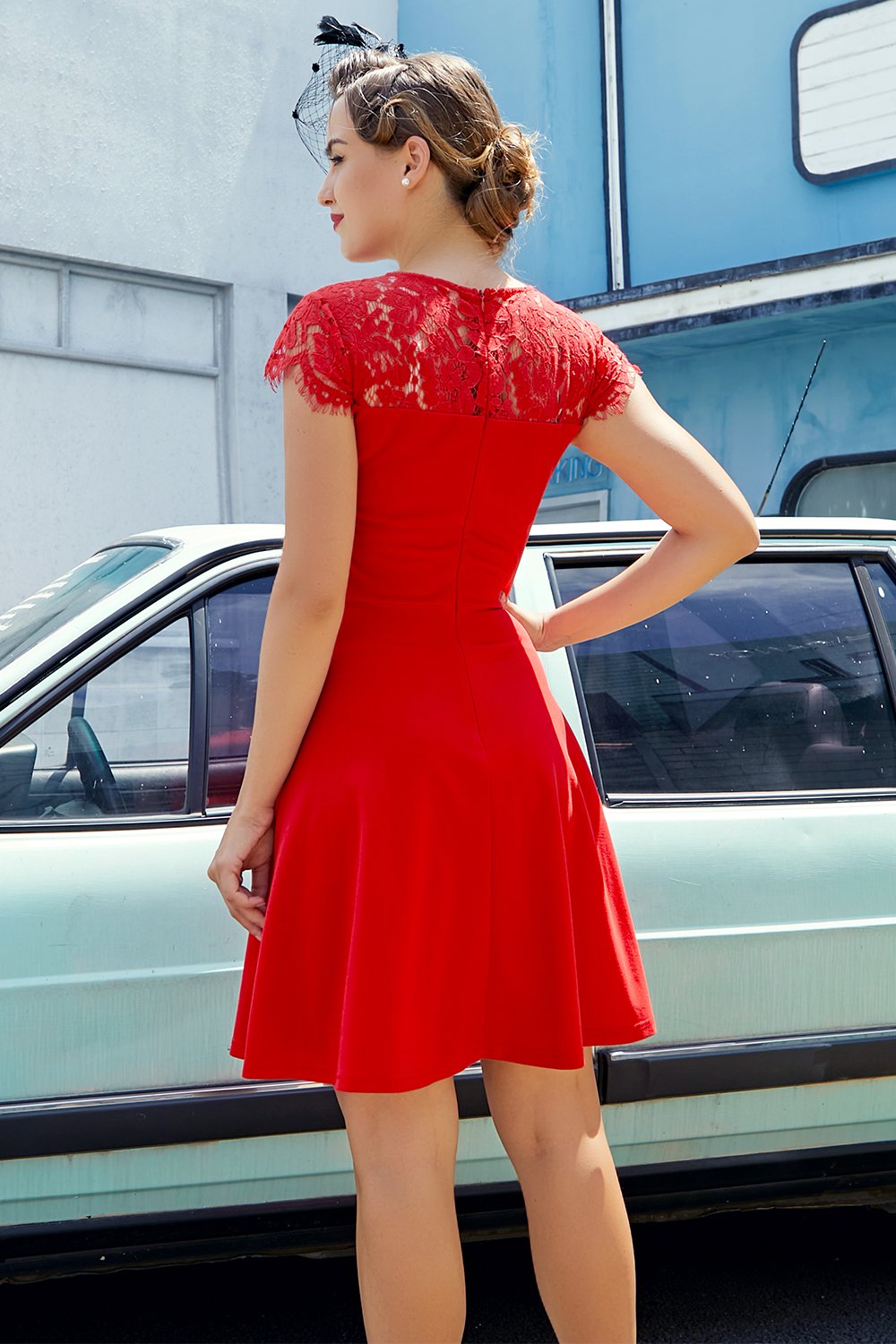 Spets Röd Elastisk Vardagsklänningar