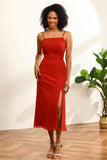Röd chiffong Mid-Calf Bridesmaid Klänning med slits