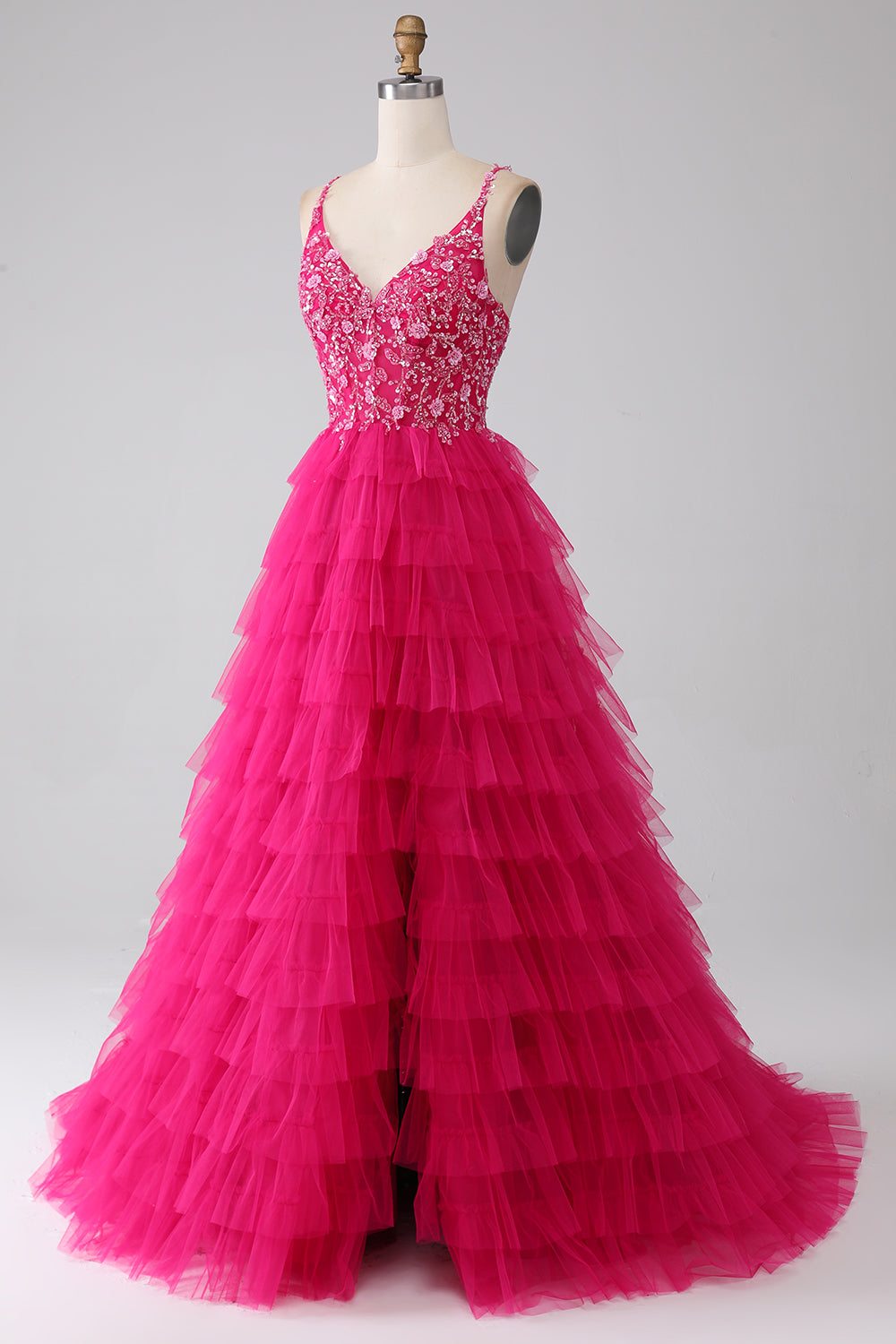 Fuchsia Princess A-linje Spaghetti Remmar Paljett Tiered Lång Balklänning med slits