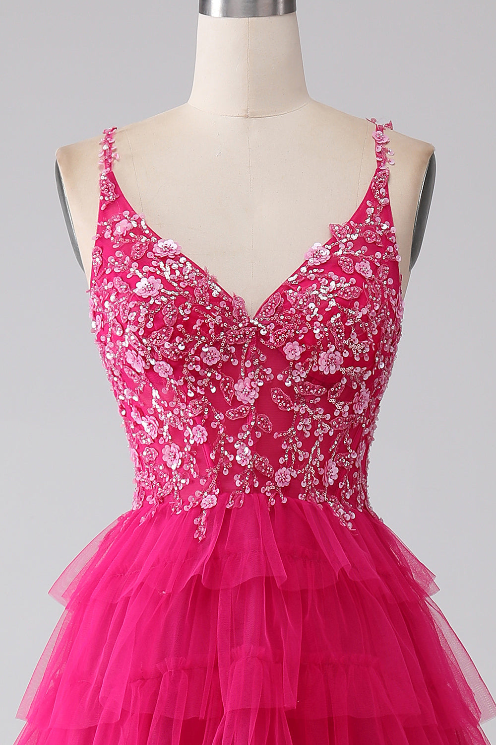 Fuchsia Princess A-linje Spaghetti Remmar Paljett Tiered Lång Balklänning med slits