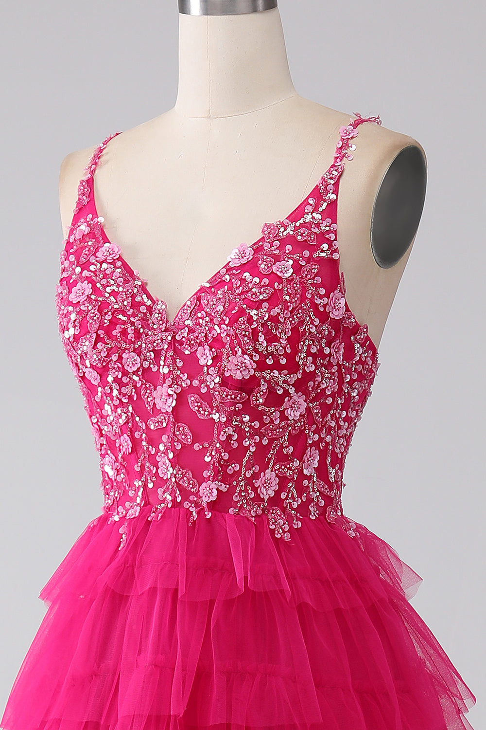 Fuchsia Princess A-linje Spaghetti Remmar Paljett Tiered Lång Balklänning med slits