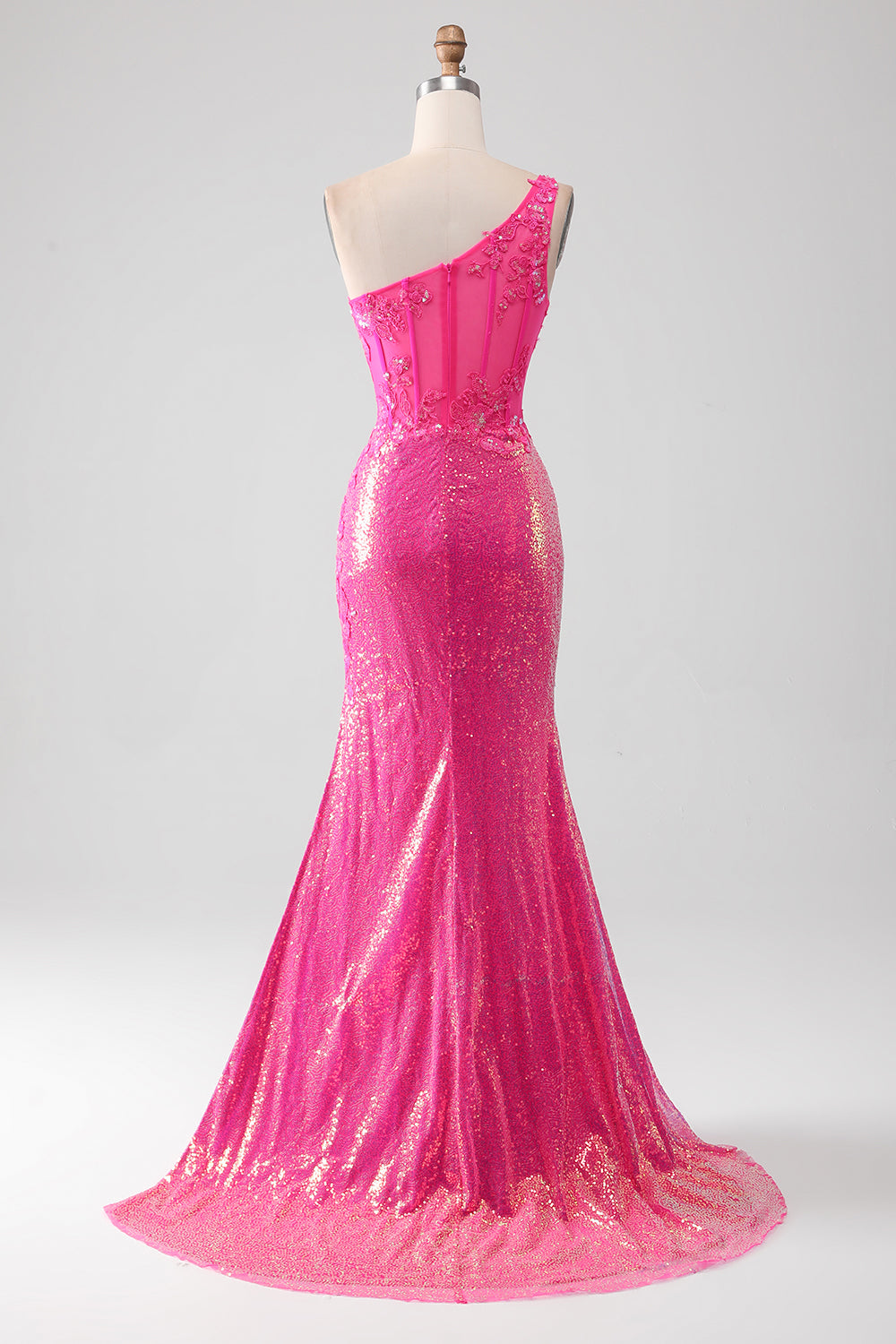 Glittrande Fuchsia Mermaid One Shoulder Appliques Balklänning med slits