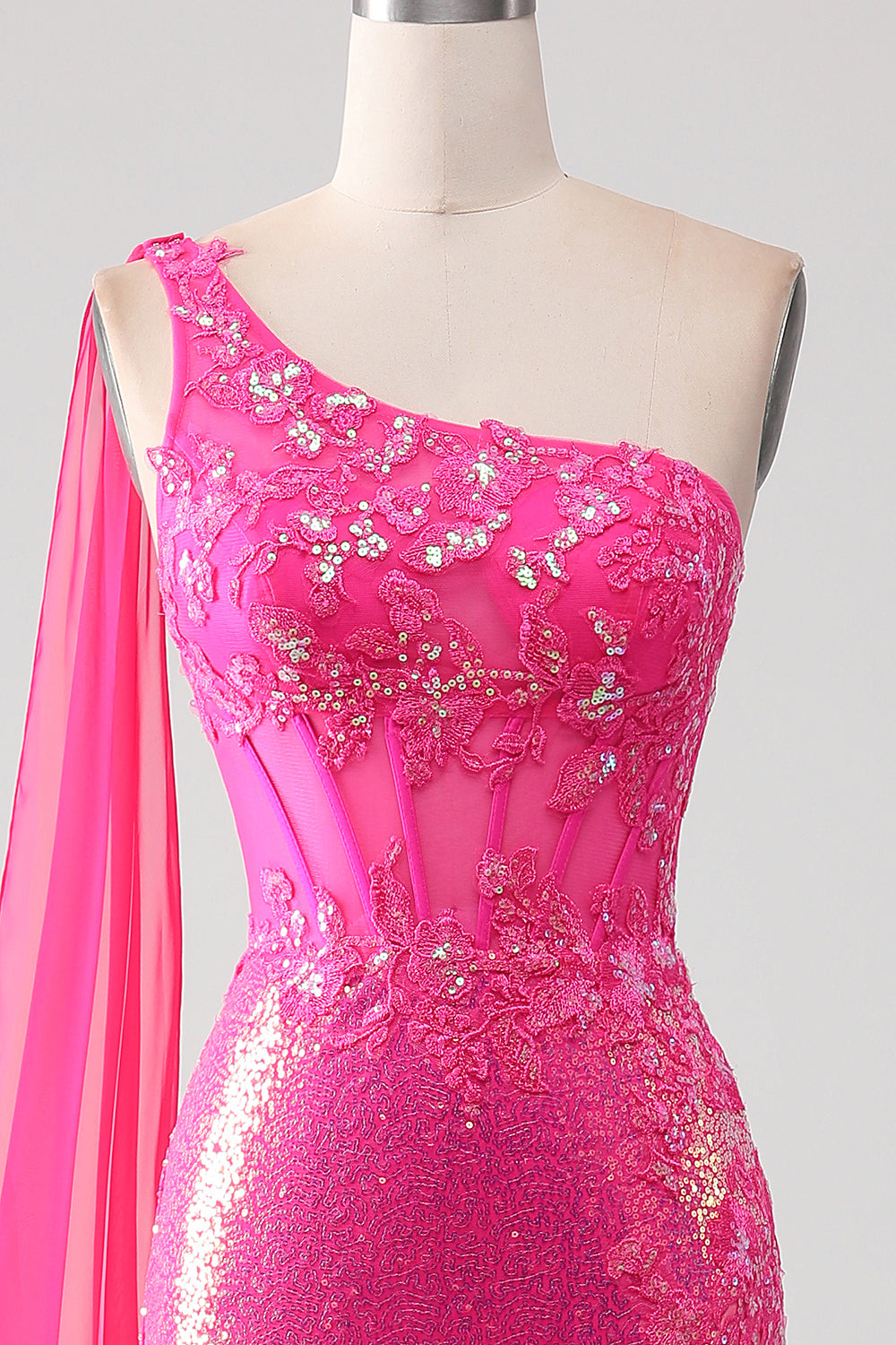 Glittrande Fuchsia Mermaid One Shoulder Appliques Balklänning med slits