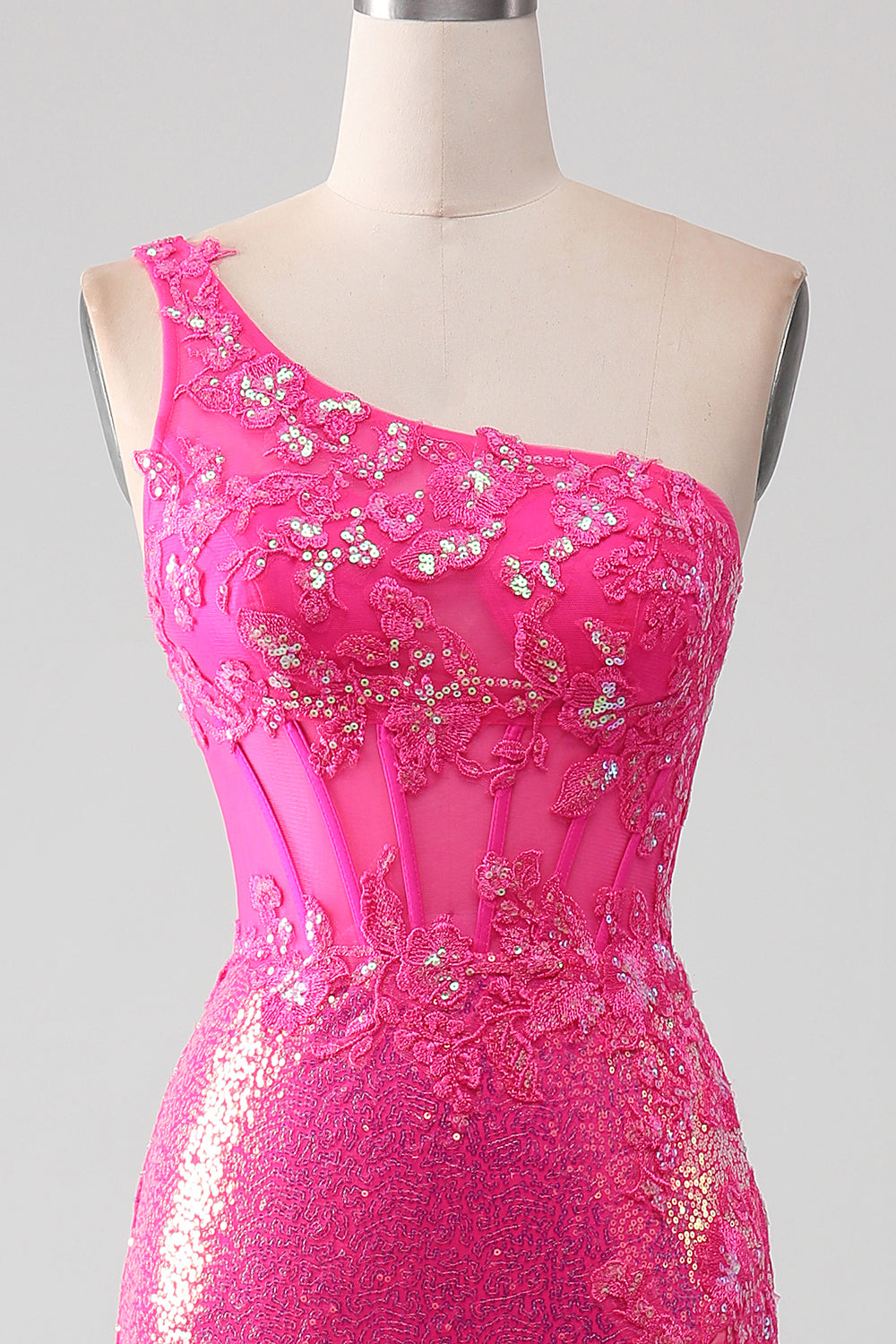 Glittrande Fuchsia Mermaid One Shoulder Appliques Balklänning med slits