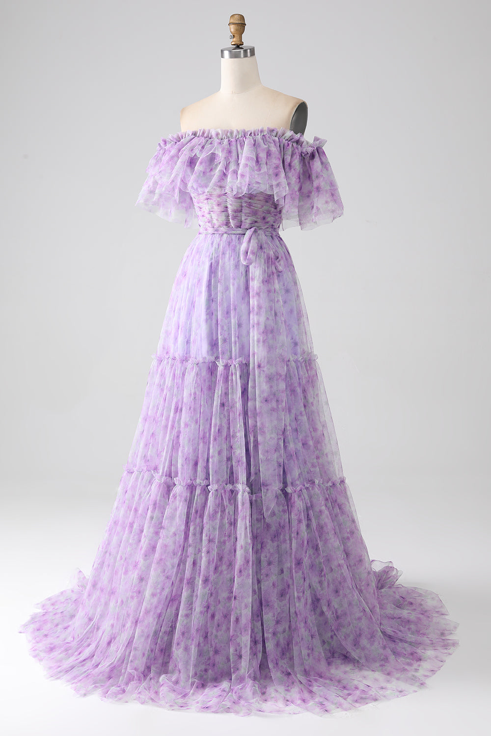 Lila Blommig Off The Shoulder Lång Ruffled Prom Klänning