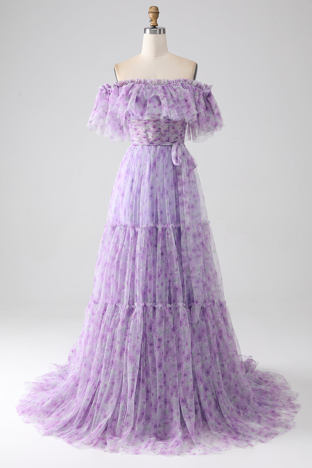 Lila Blommig Off The Shoulder Lång Ruffled Prom Klänning