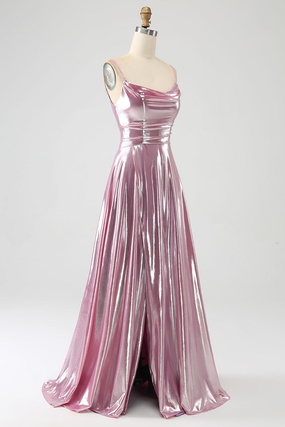 Bedövning A Line Spaghetti Straps Rosa Lång Balklänning Med Delad Framsida