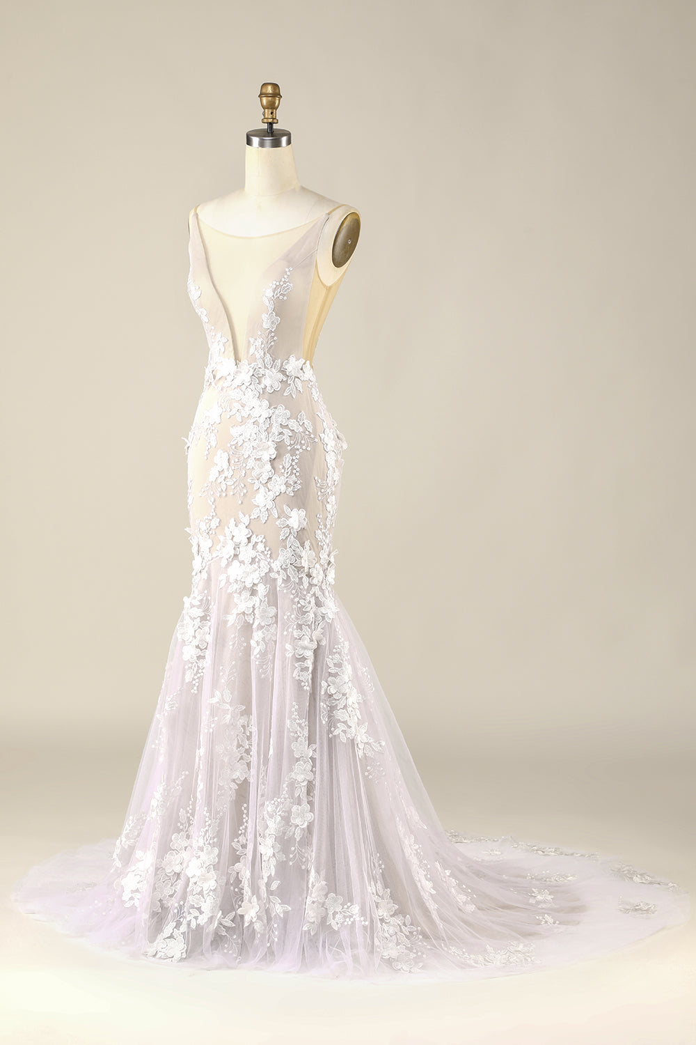 Elfenben Sjöjungfru Illusion Båt Hals Spets Bröllopsklänning