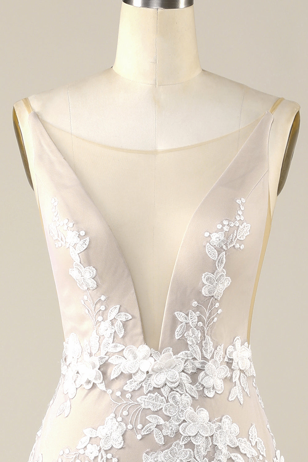 Elfenben Sjöjungfru Illusion Båt Hals Spets Bröllopsklänning