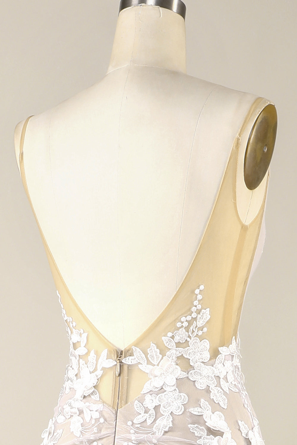 Elfenben Sjöjungfru Illusion Båt Hals Spets Bröllopsklänning