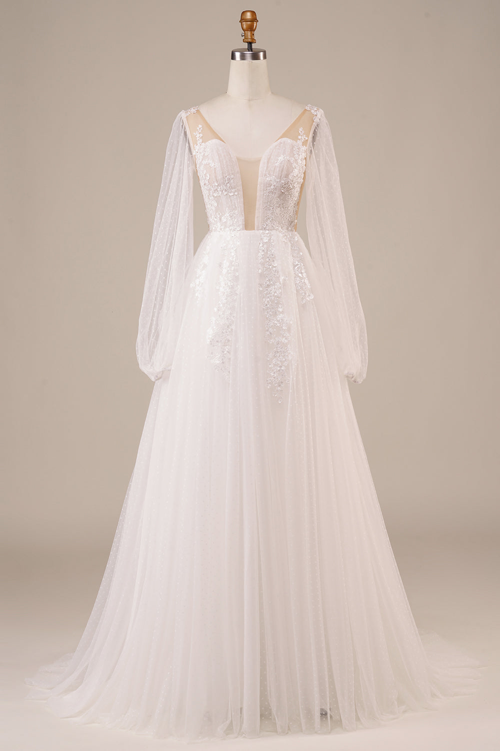 Långärmad öppen rygg Elfenben Bröllopsklänning med Applikationer