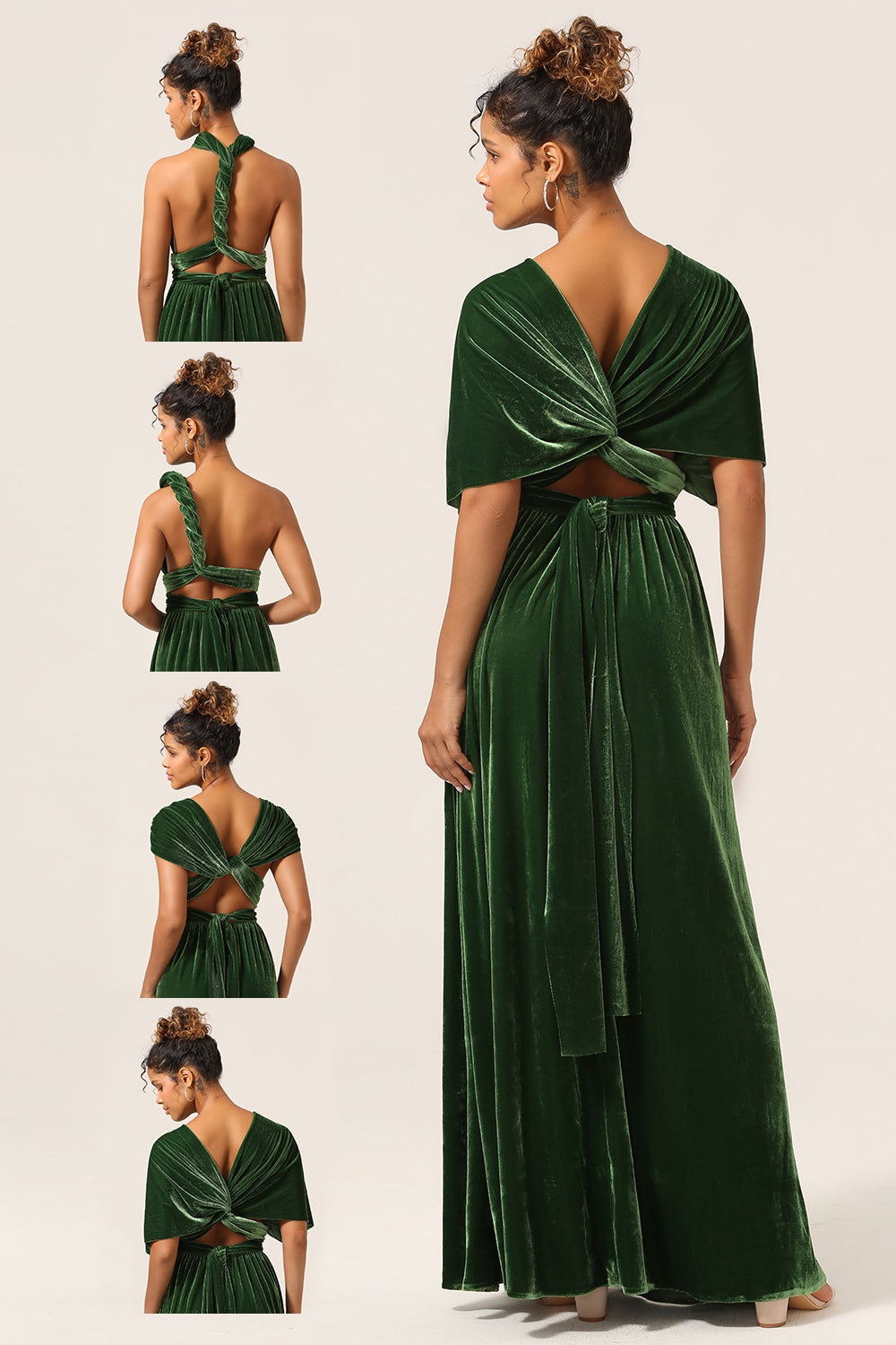 Elegant A-linje V-ringad Mörkgrön Ovalible Wear Sammet Lång Brudtärna Klänning