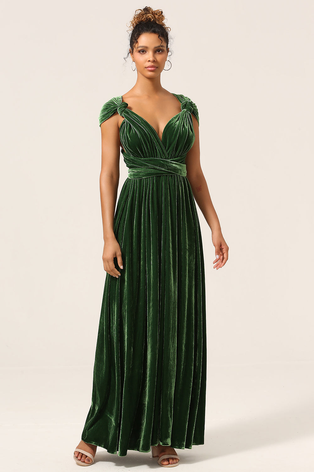 Elegant A-linje V-ringad Mörkgrön Ovalible Wear Sammet Lång Brudtärna Klänning