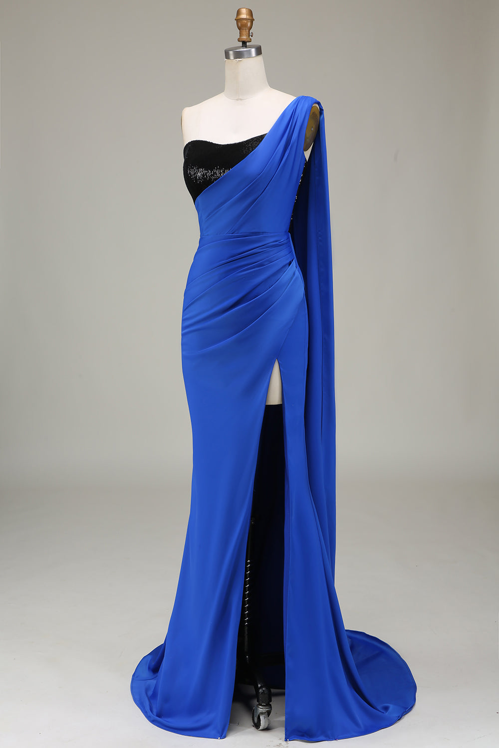 Royal Blue One Shoulder Satäng och Paljett Mermaid Plisserad Balklänning med slits