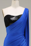 Royal Blue One Shoulder Satäng och Paljett Mermaid Plisserad Balklänning med slits