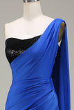 Royal Blue One Shoulder Satäng och Paljett Mermaid Plisserad Balklänning med slits