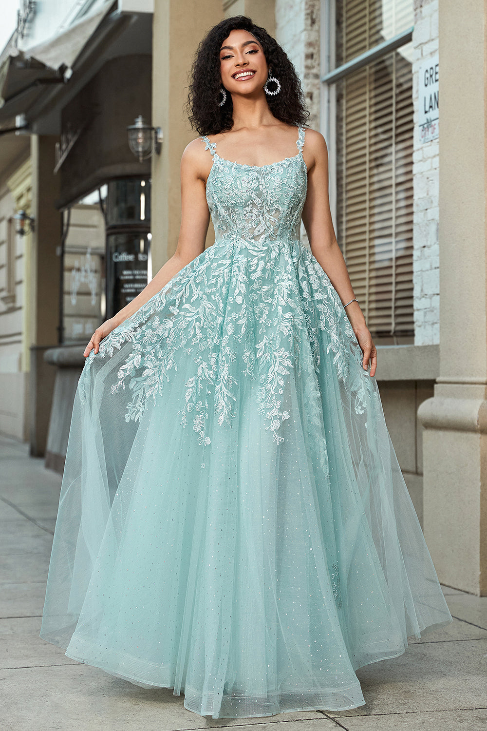 Underbar A Line Spaghetti Straps Mint Corset Balklänning med applikationer