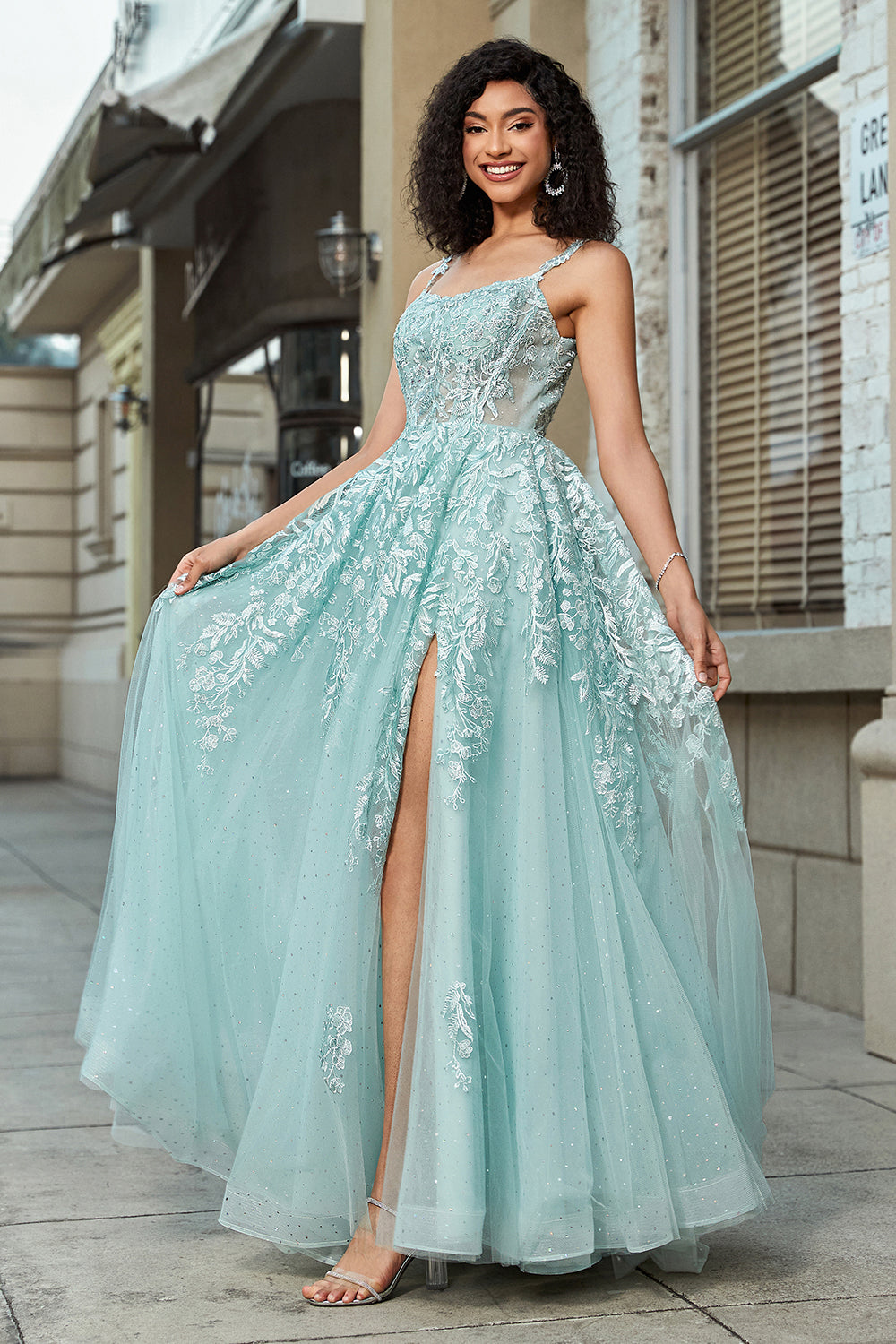 Underbar A Line Spaghetti Straps Mint Corset Balklänning med applikationer
