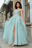 Underbar A Line Spaghetti Straps Mint Corset Balklänning med applikationer
