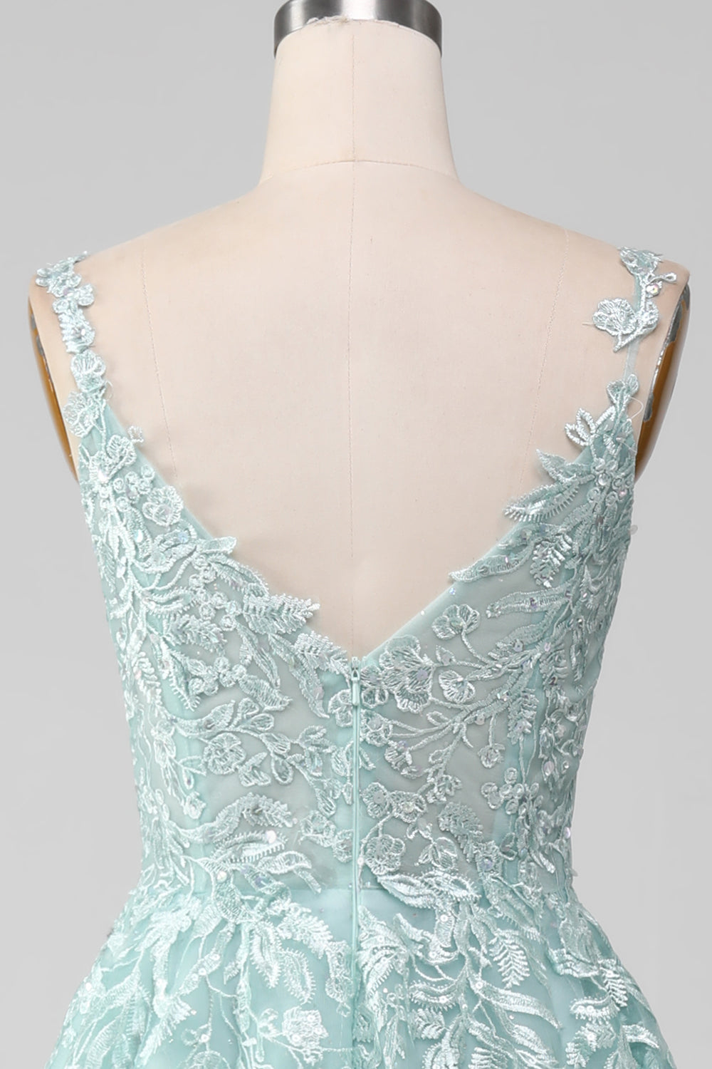 Glitter Mint A-linje Tyll Lång Balklänning med Spets