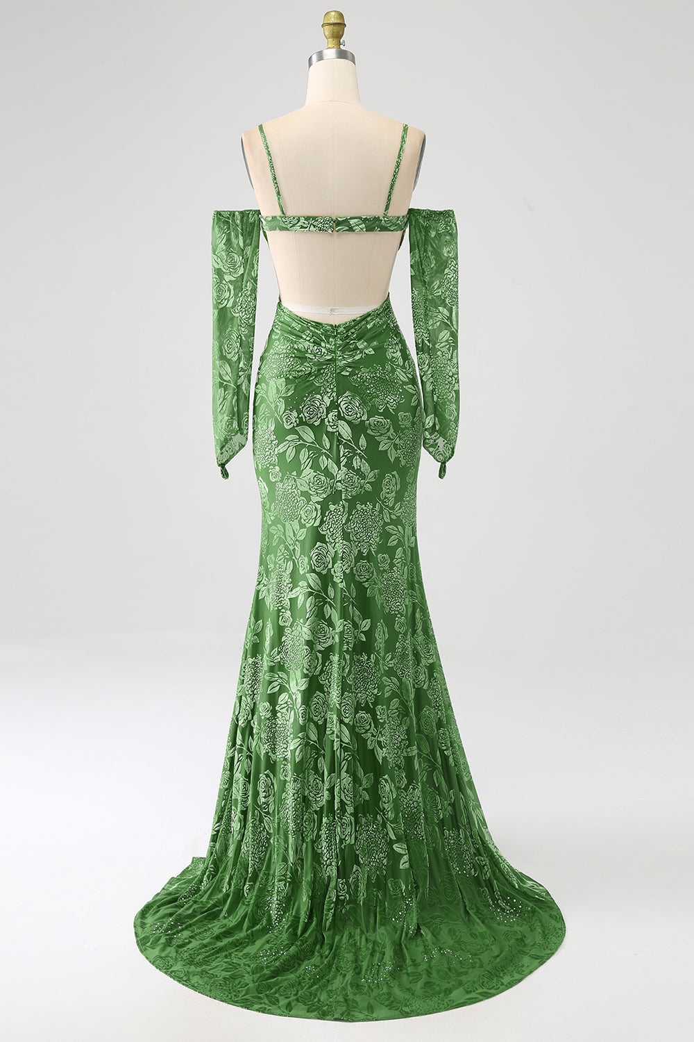 Mermaid Off The Shoulder Olivmönstrad Lång Balklänning med Split Front