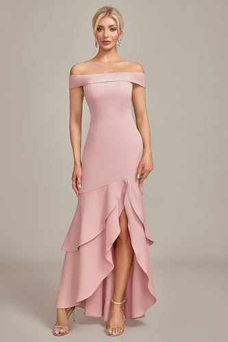 Rosa sjöjungfru asymmetrisk volang klänning för brudens mor