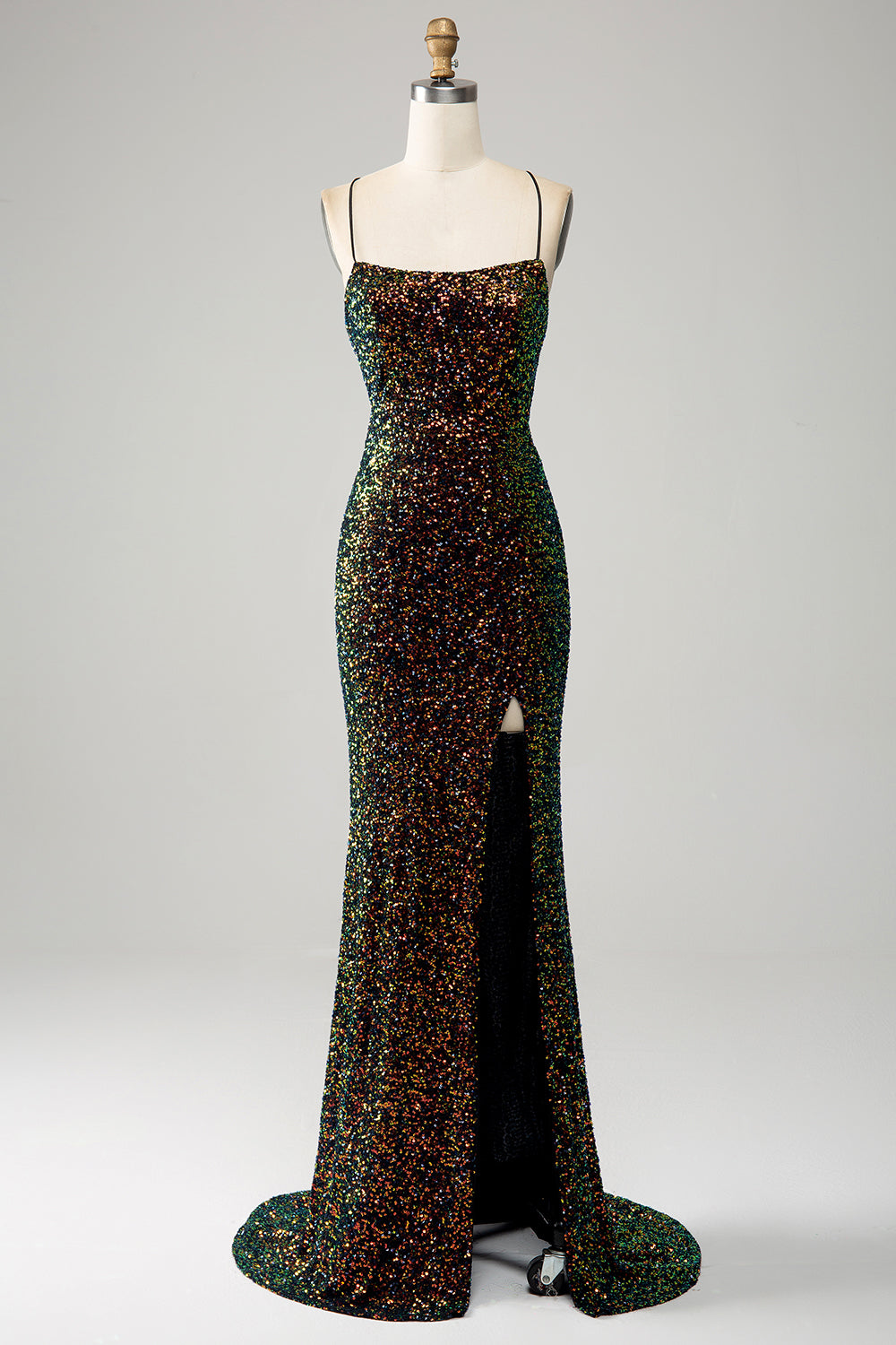 Glitter Svart Spaghetti Remmar Paljetter Mermaid Balklänning med slits