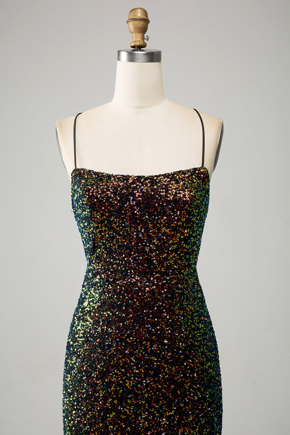 Glitter Svart Spaghetti Remmar Paljetter Mermaid Balklänning med slits