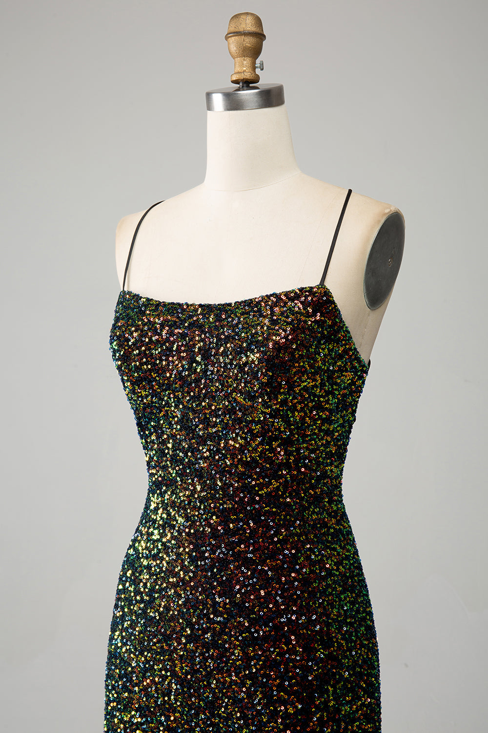 Glitter Svart Spaghetti Remmar Paljetter Mermaid Balklänning med slits