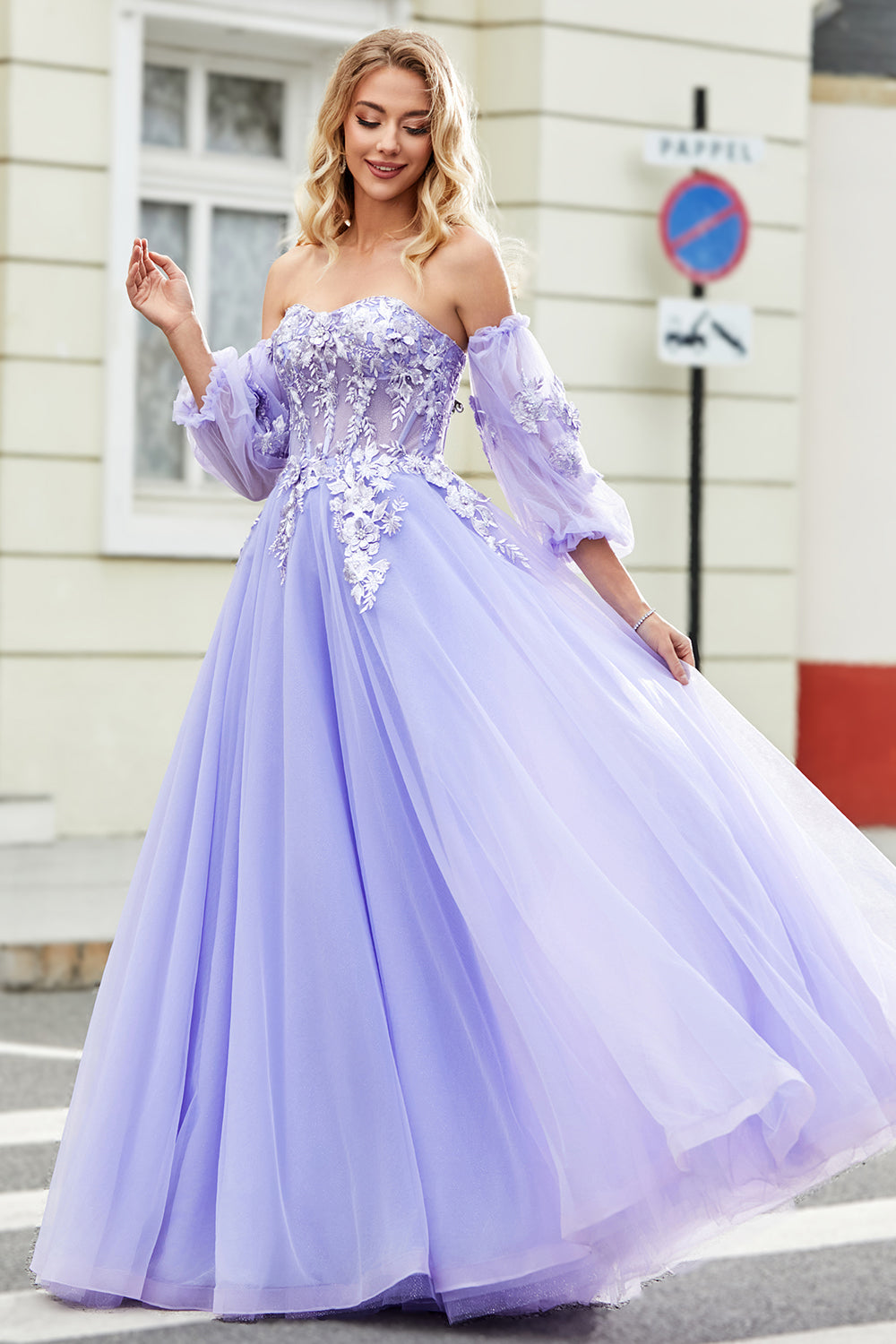 Underbar A Line Off The Shoulder Lavendel Korsett Balklänning med applikationer