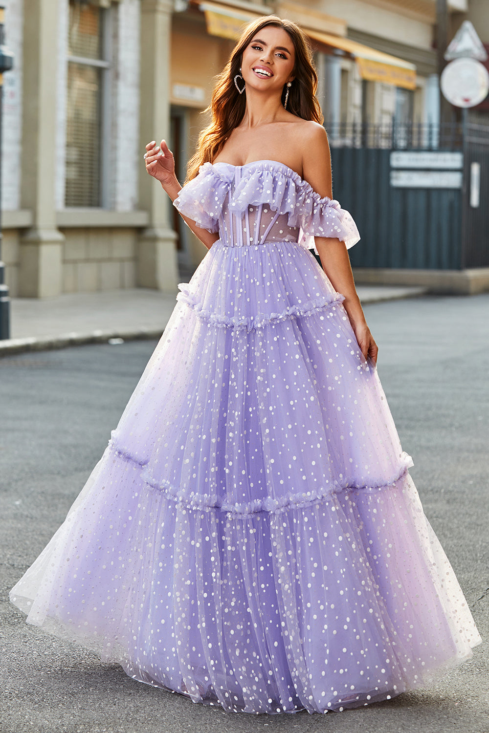 Off The Shoulder Lila Korsett A-linje Lång Balklänning