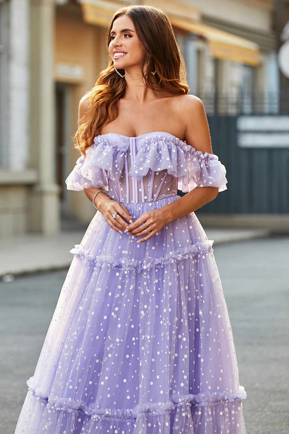 Off The Shoulder Lila Korsett A-linje Lång Balklänning