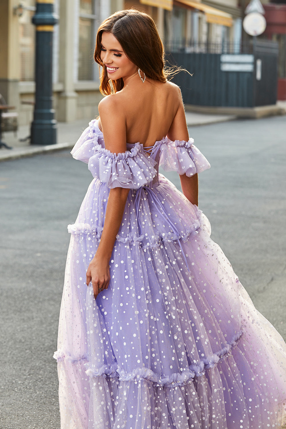 Off The Shoulder Lila Korsett A-linje Lång Balklänning
