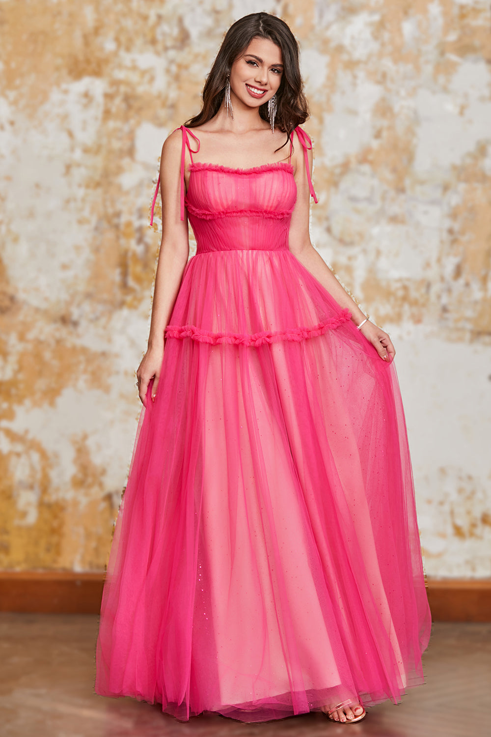 Princess A Line Spaghetti Straps Fuchsia Lång Balklänning med Volanger