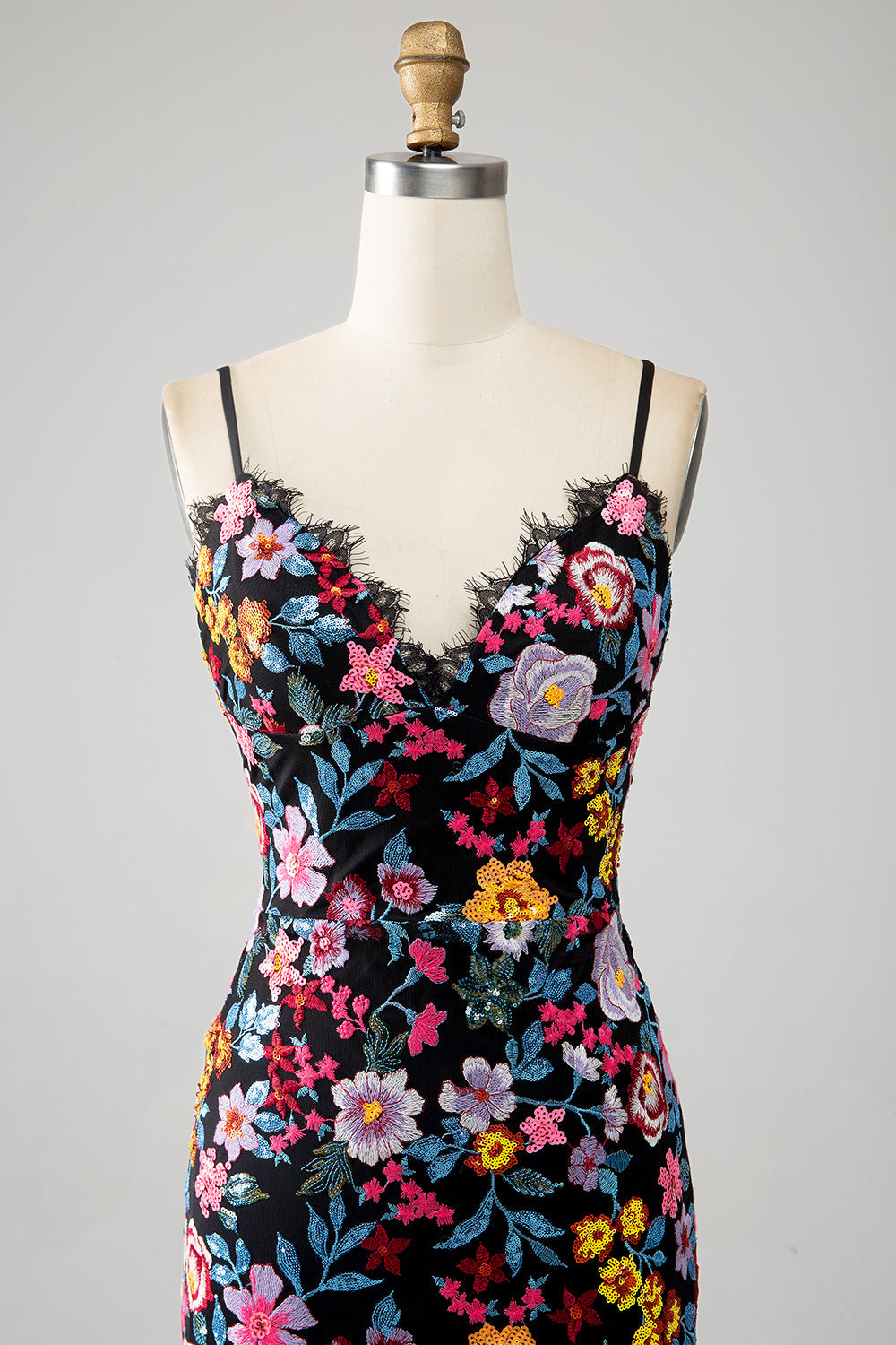 Svart Blommig Sjöjungfru Spaghetti Straps Lång Balklänning Med Broderi