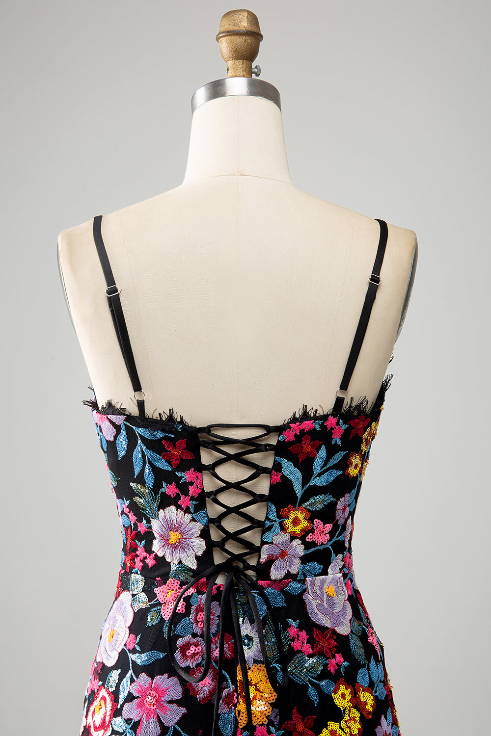 Svart Blommig Sjöjungfru Spaghetti Straps Lång Balklänning Med Broderi