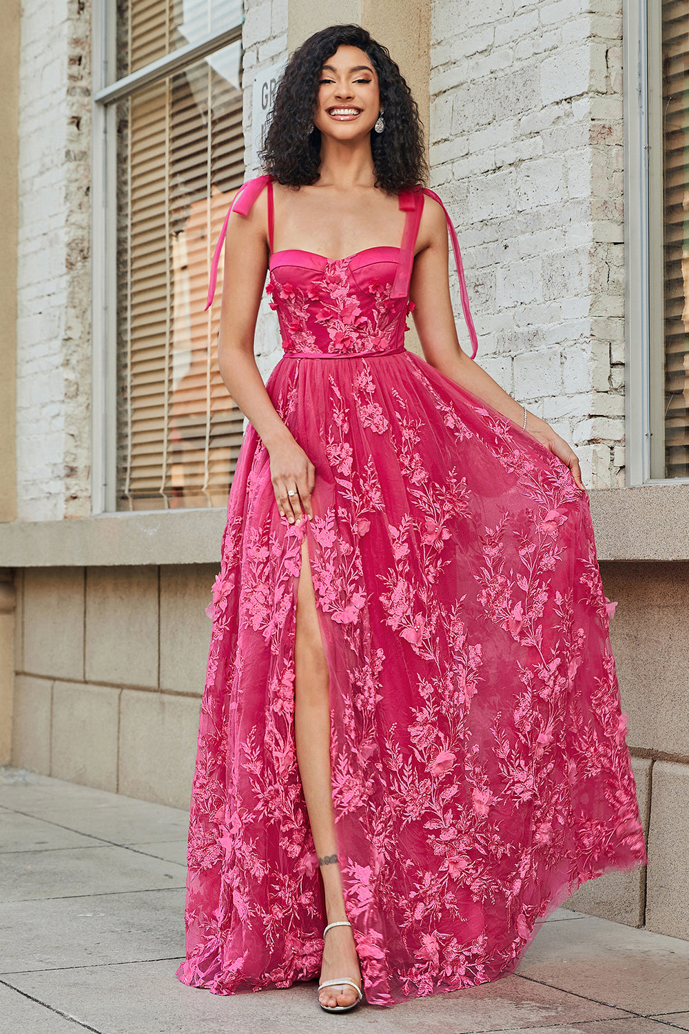 Spaghetti Straps Hot Pink A-Line Lång Balklänning med slits