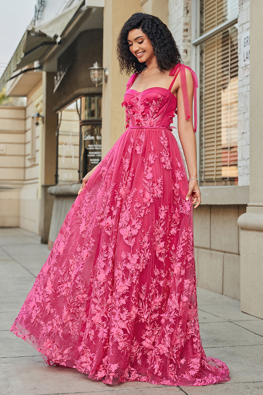 Spaghetti Straps Hot Pink A-Line Lång Balklänning med slits