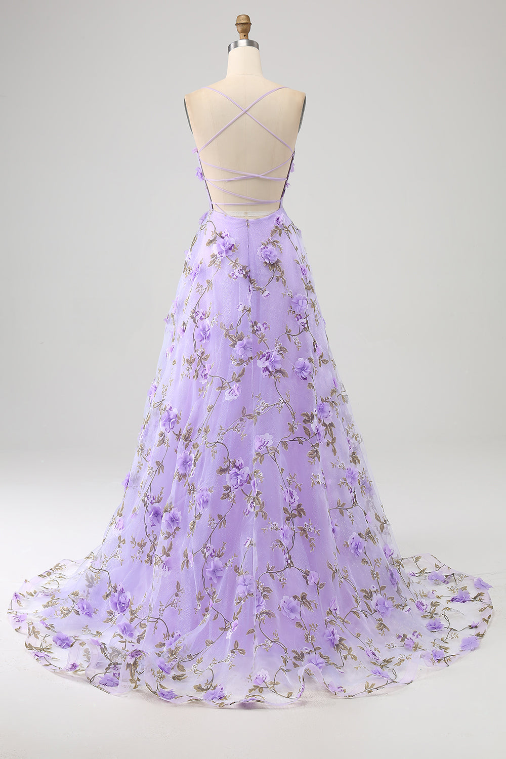 Lila A-linje Spaghetti Straps Lång Balklänning med 3D-blommor