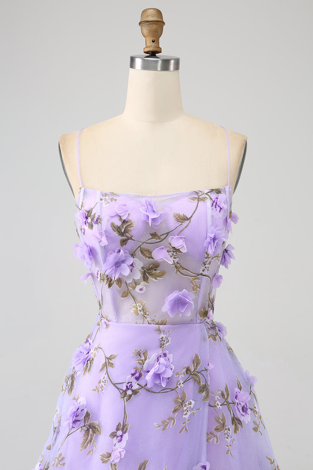 Lila A-linje Spaghetti Straps Lång Balklänning med 3D-blommor