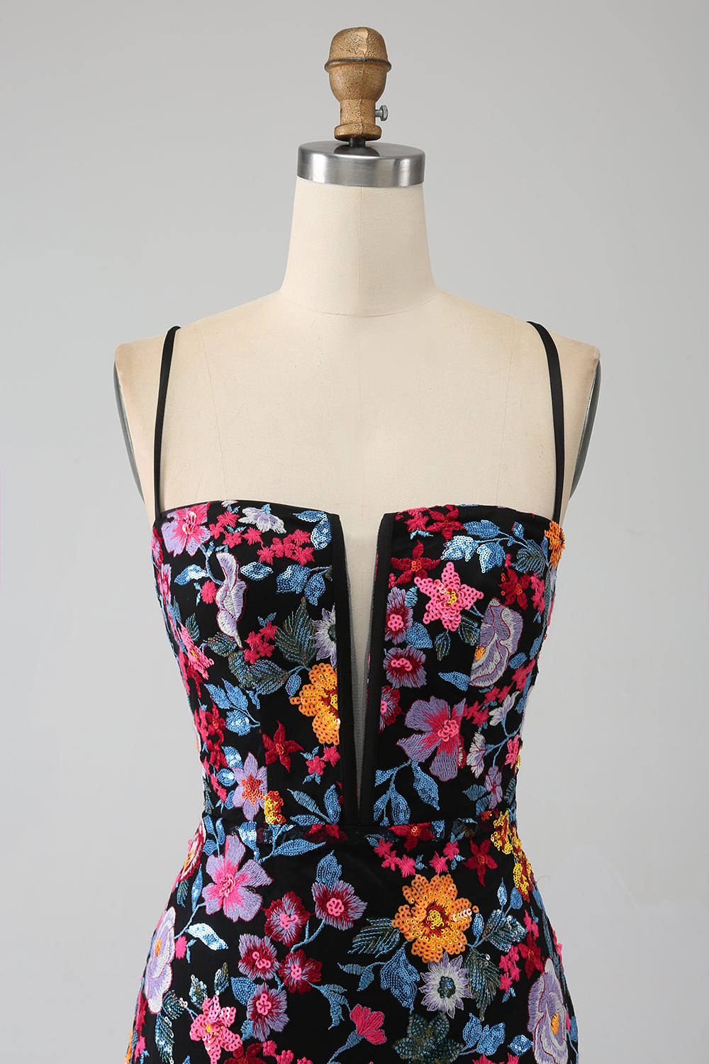 Sjöjungfru Spaghetti Straps Svart Blomma Broderad Balklänning Med Sidoslits