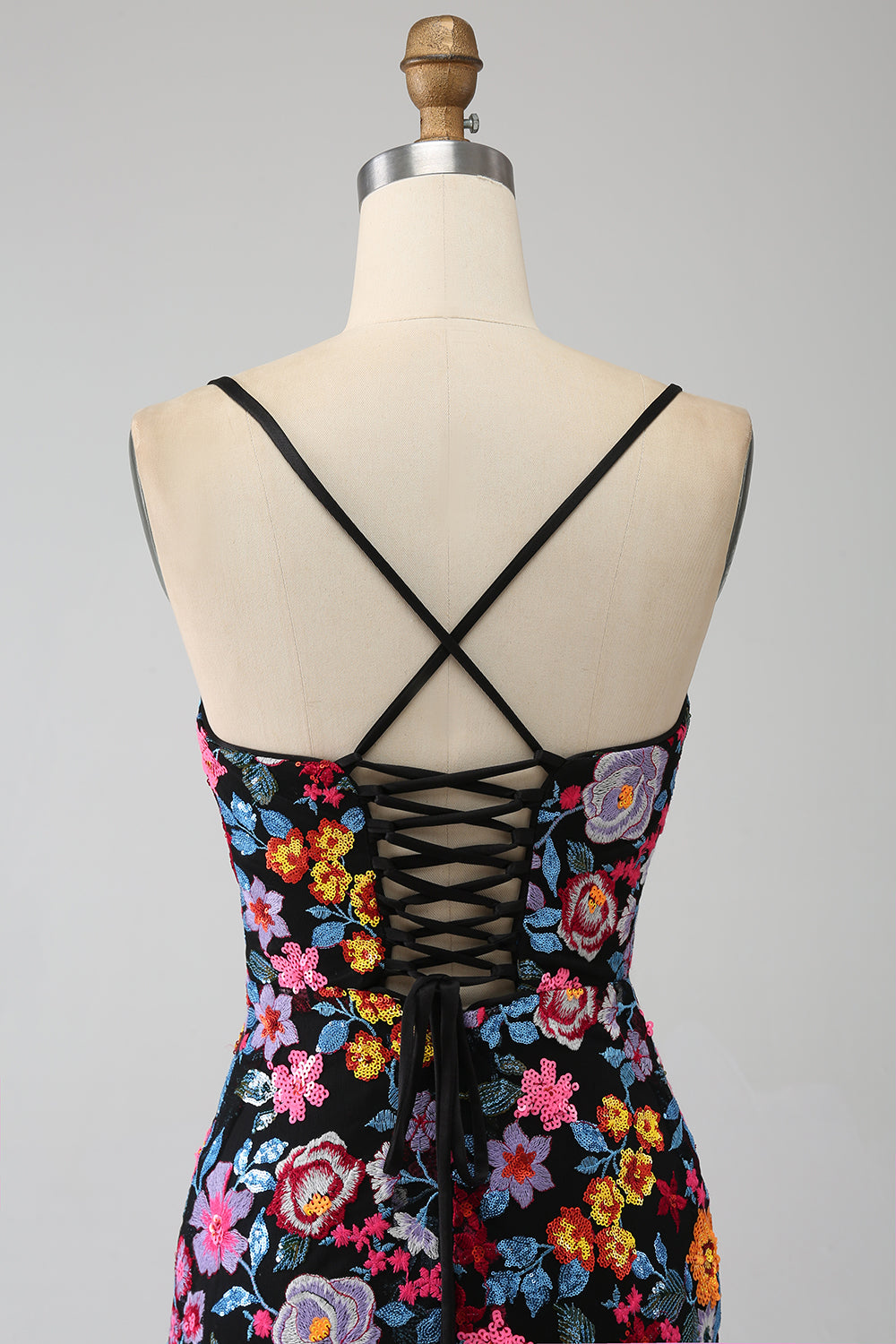 Sjöjungfru Spaghetti Straps Svart Blomma Broderad Balklänning Med Sidoslits