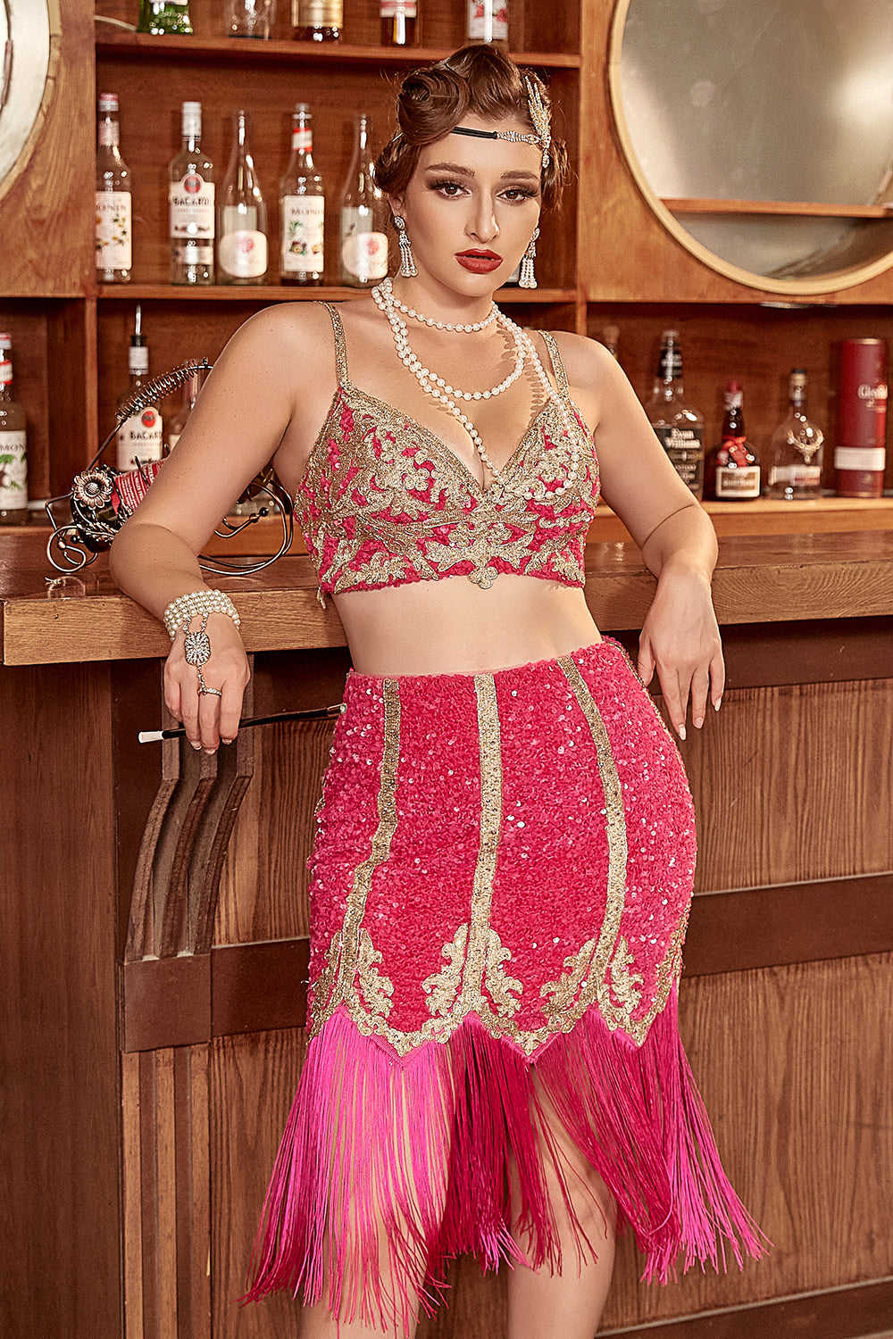 Två Stycken Fuchsia Gatsby 20 Tals Gatsby Klänning Med Fransar