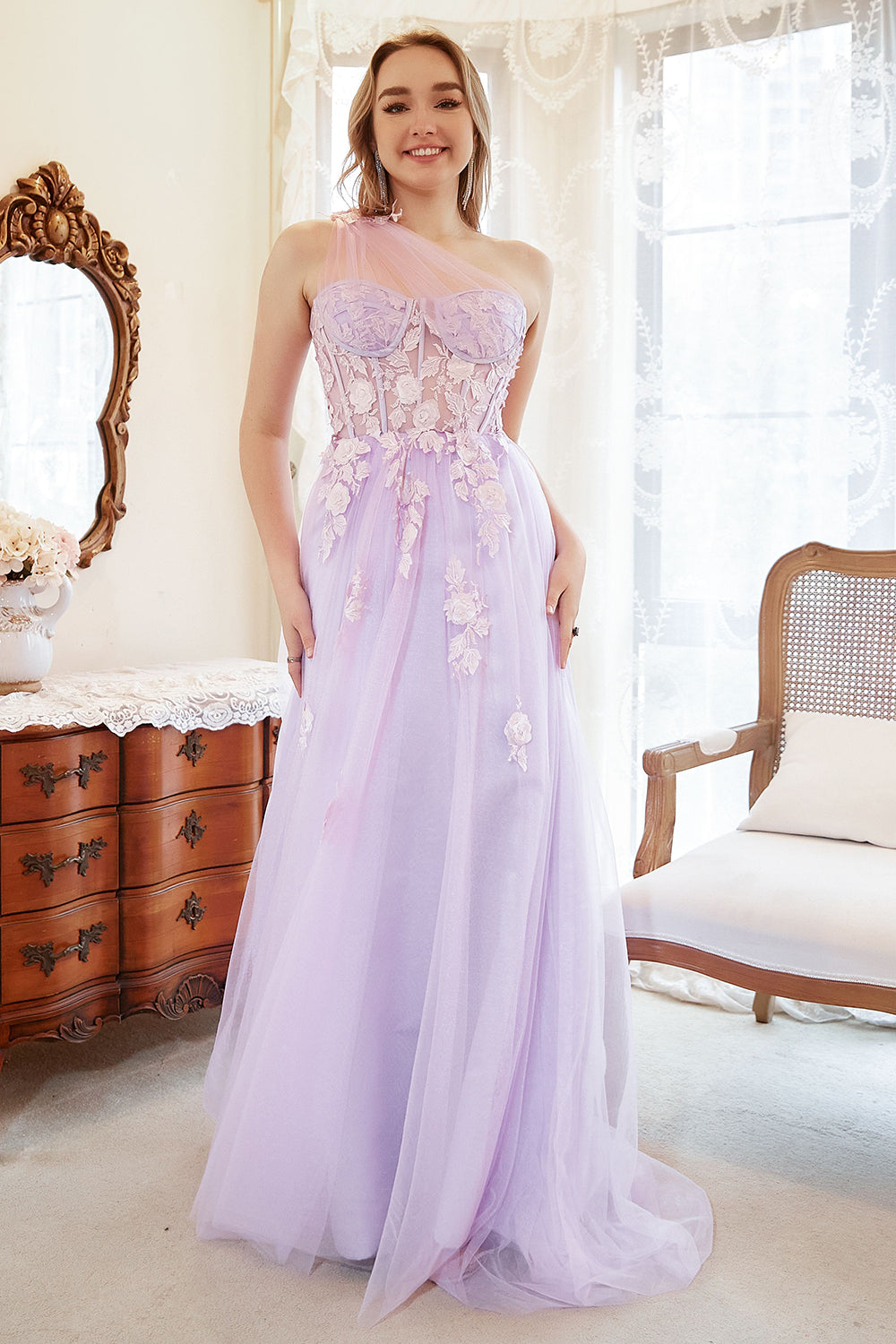 En Line One Shoulder Purple Plus Size Bal Klänning med applikationer