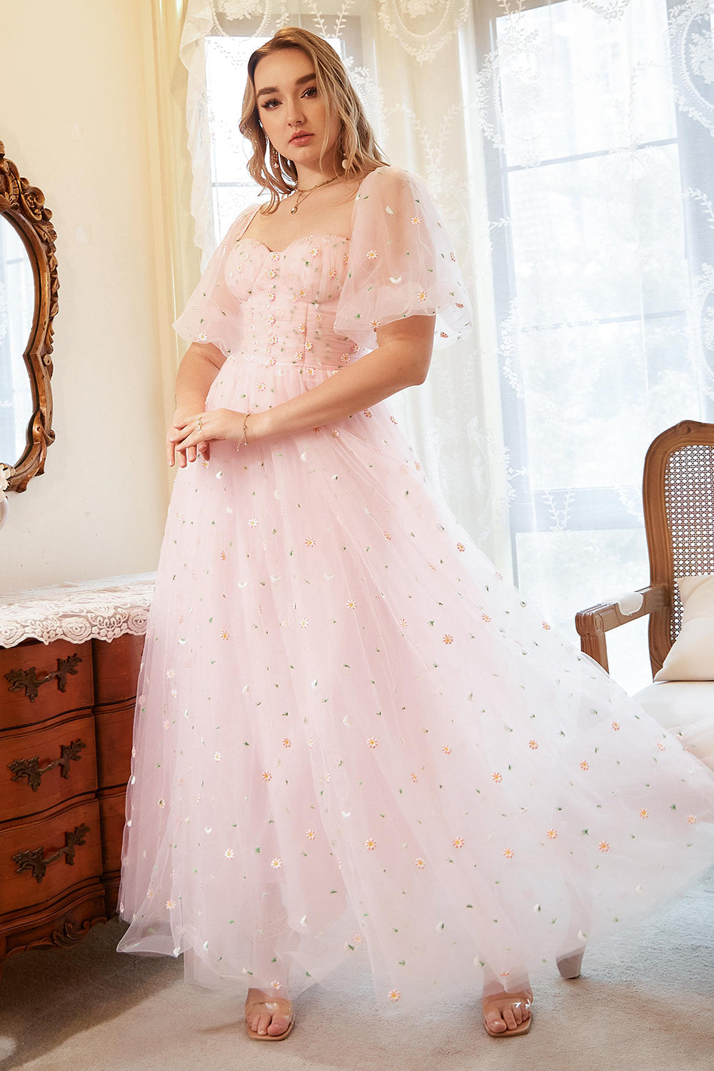En linje från axeln Blush Plus Size Bal Klänning med broderi