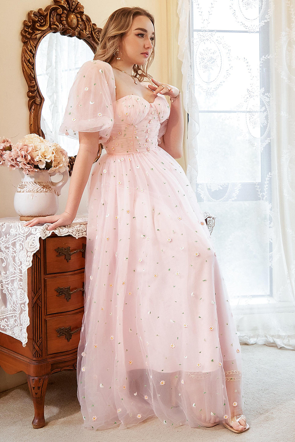 En linje från axeln Blush Plus Size Bal Klänning med broderi