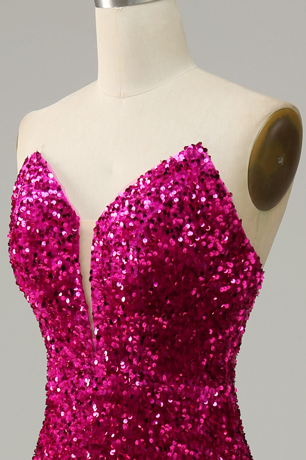 Hot Pink Axelbandslös Paljett Balklänning Med Slits