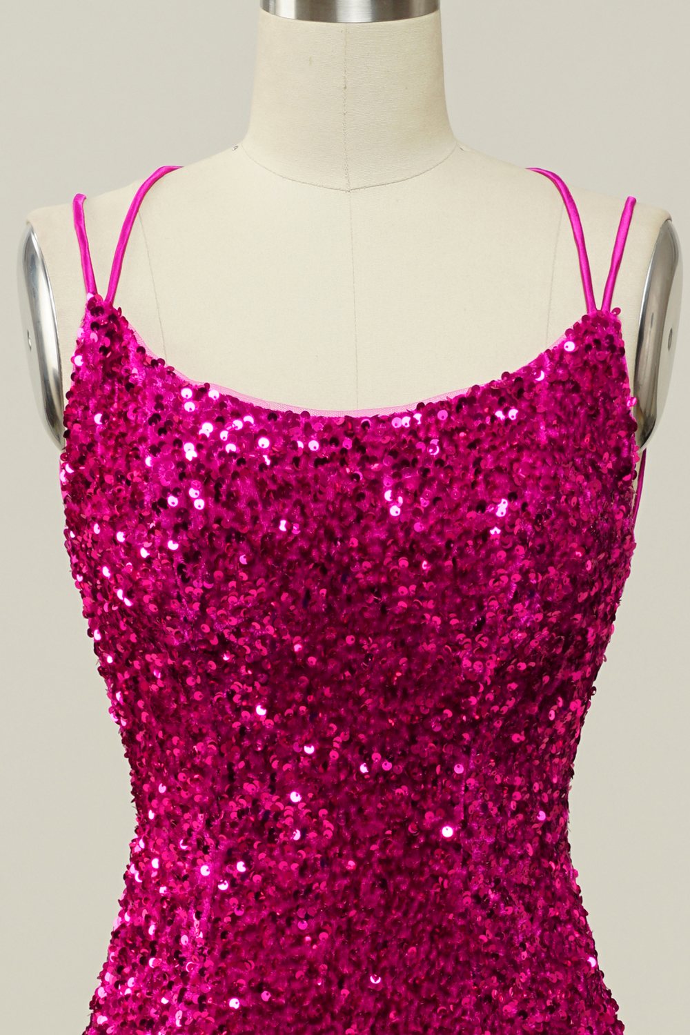 Hot Pink Paljett Smala Axelband Sjöjungfru Balklänning Med Lace-Up Back